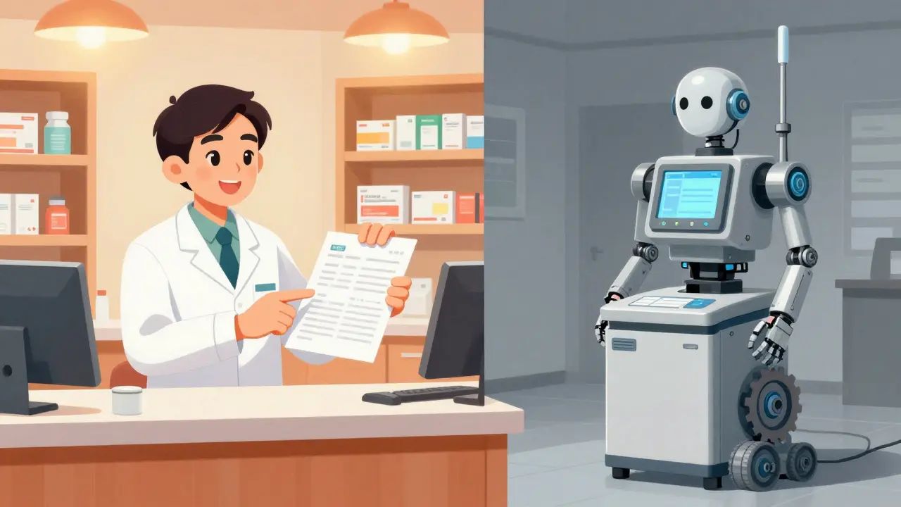 Manhua style: Contrast between personal pharmacist care and automated mail-order systems.