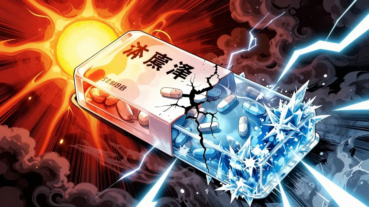 Manhua style: Medication package damaged by extreme heat and cold during shipping.