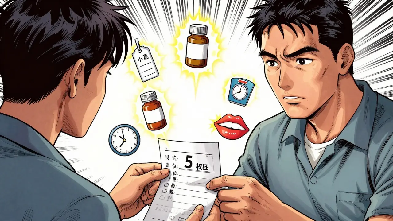 Patient checking the five rights on a prescription label with visual aids.