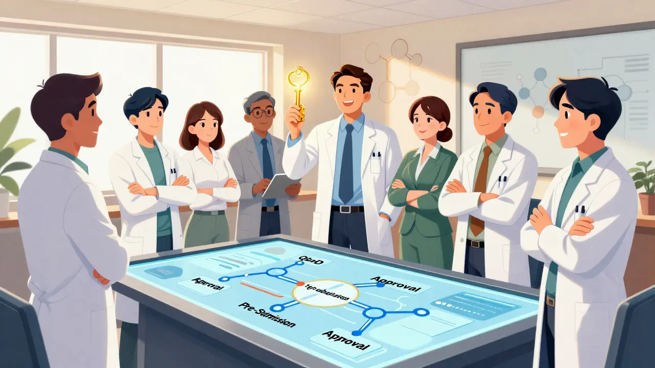 Team strategizing FDA approval pathways in a modern meeting room