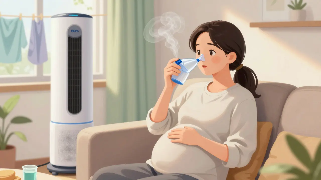 Woman using neti pot and air filter for allergy relief at home