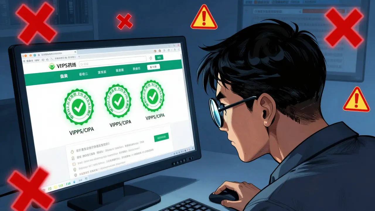 Cartoon character verifying safe pharmacy credentials online