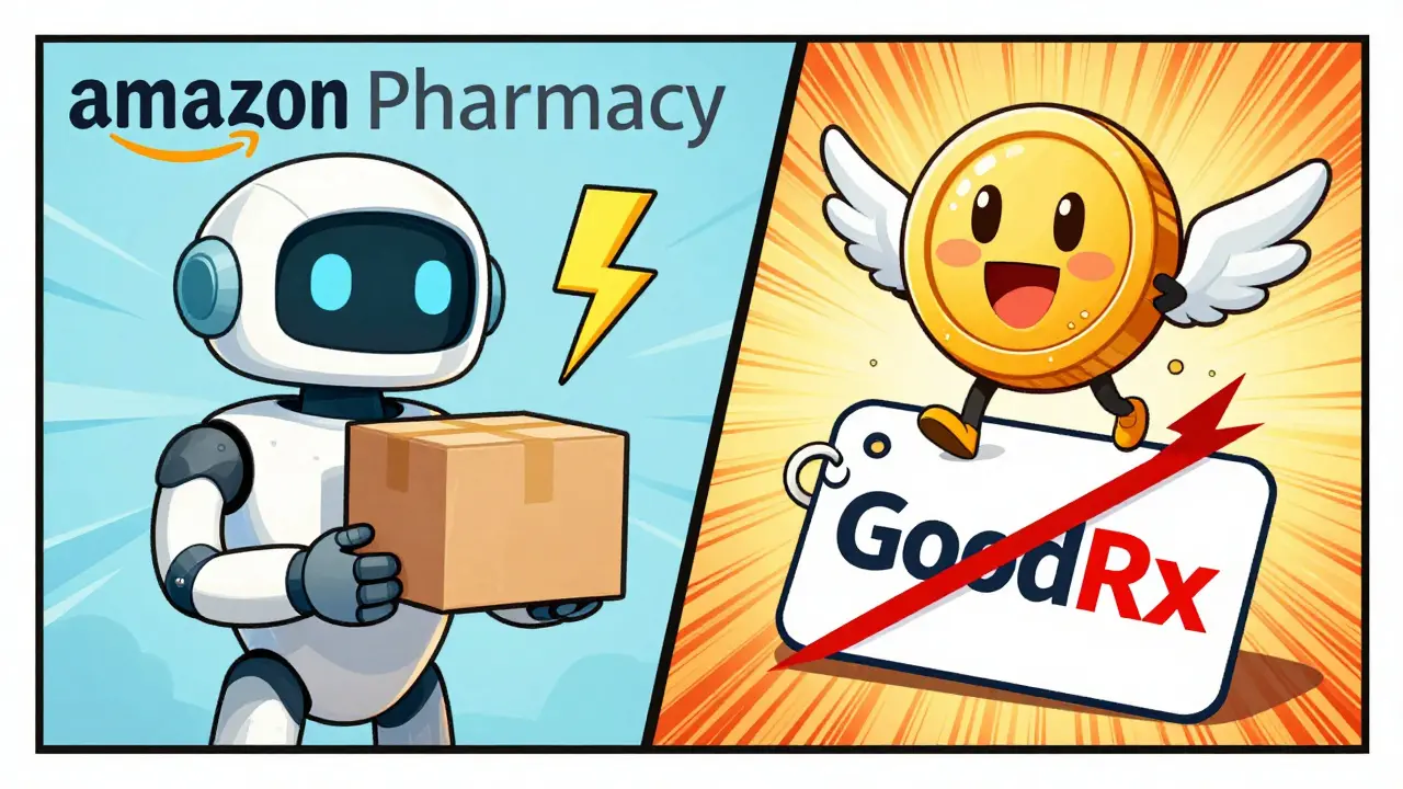 Cartoon illustration comparing fast delivery robots vs discount coins for meds.