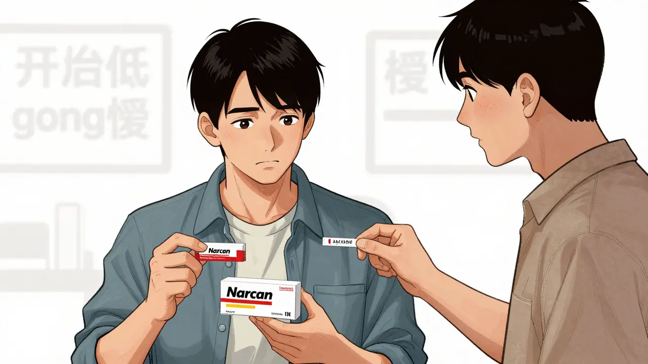 Comic style image of naloxone and test strips for overdose prevention