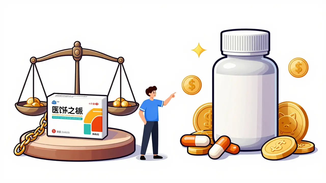Illustration comparing expensive brand name box vs cheap bulk generic pills visually