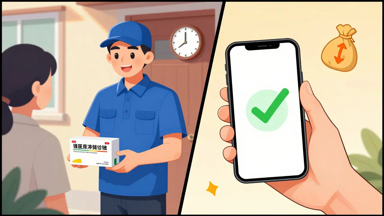 Illustration comparing home delivery convenience with telehealth app ease
