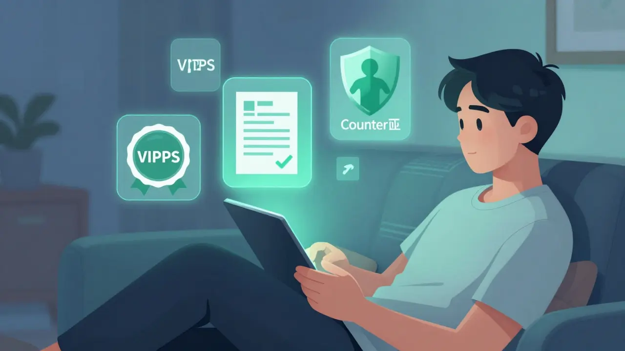 Illustration of a person safely ordering meds online with floating security shields.
