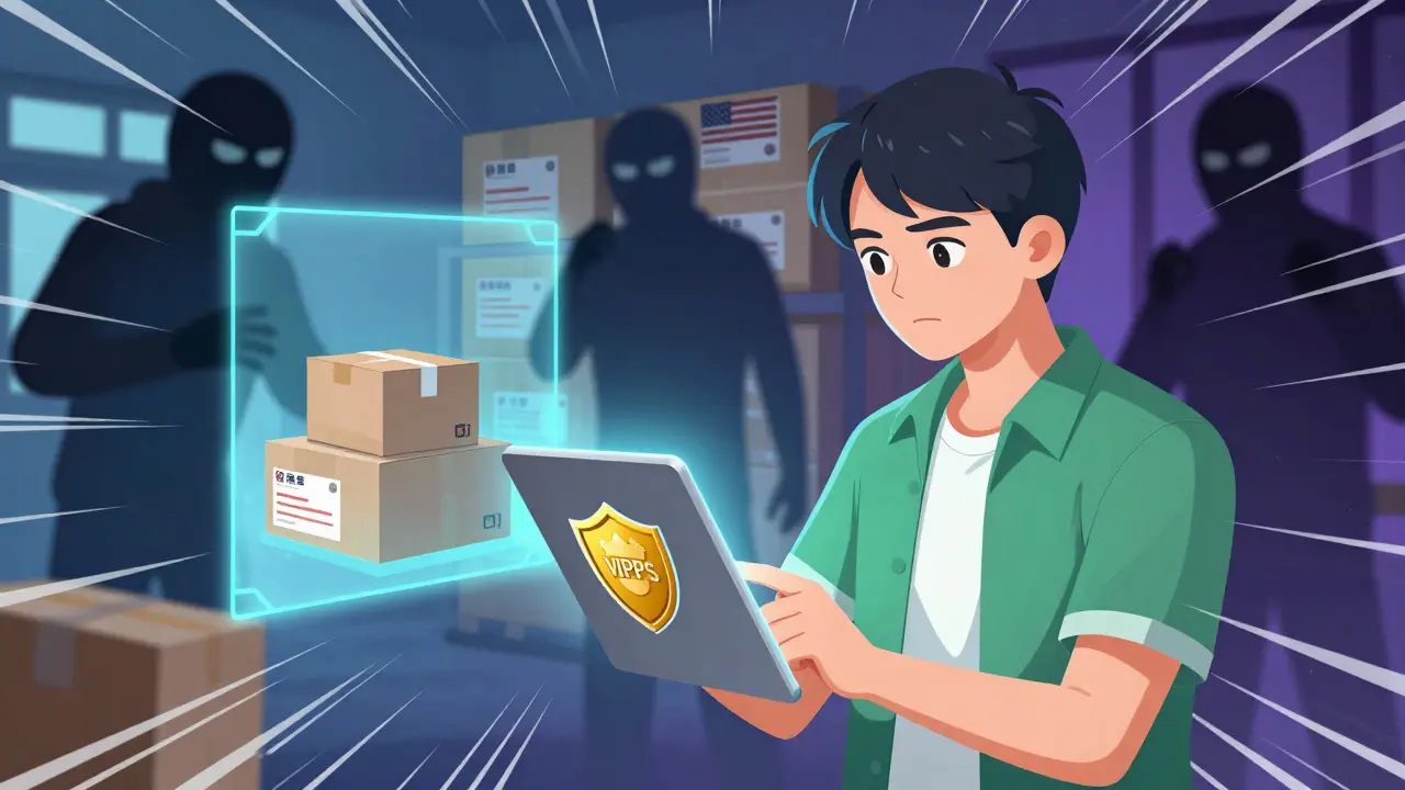 Manhua art showing secure online pharmacy verification blocking scammers