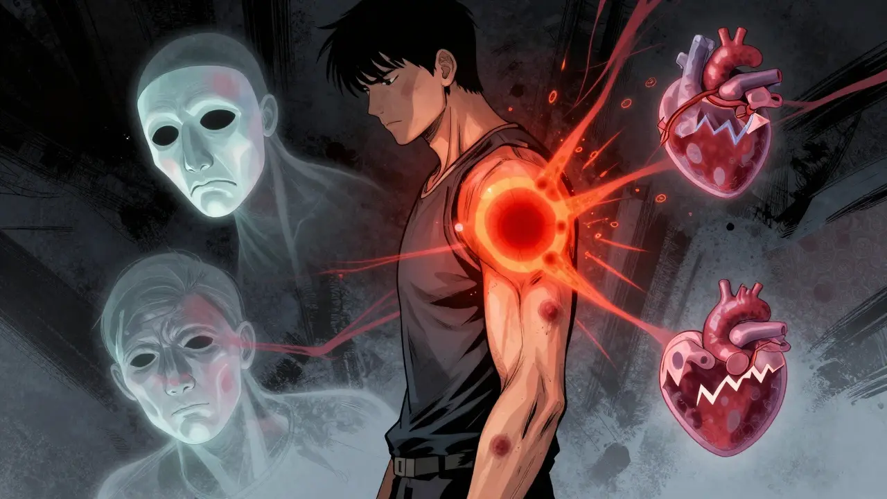 Manhua illustration of Lyme disease bullseye rash and symptoms