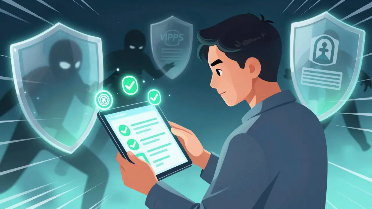 Manhua style art showing safe online pharmacy shopping with verification shields