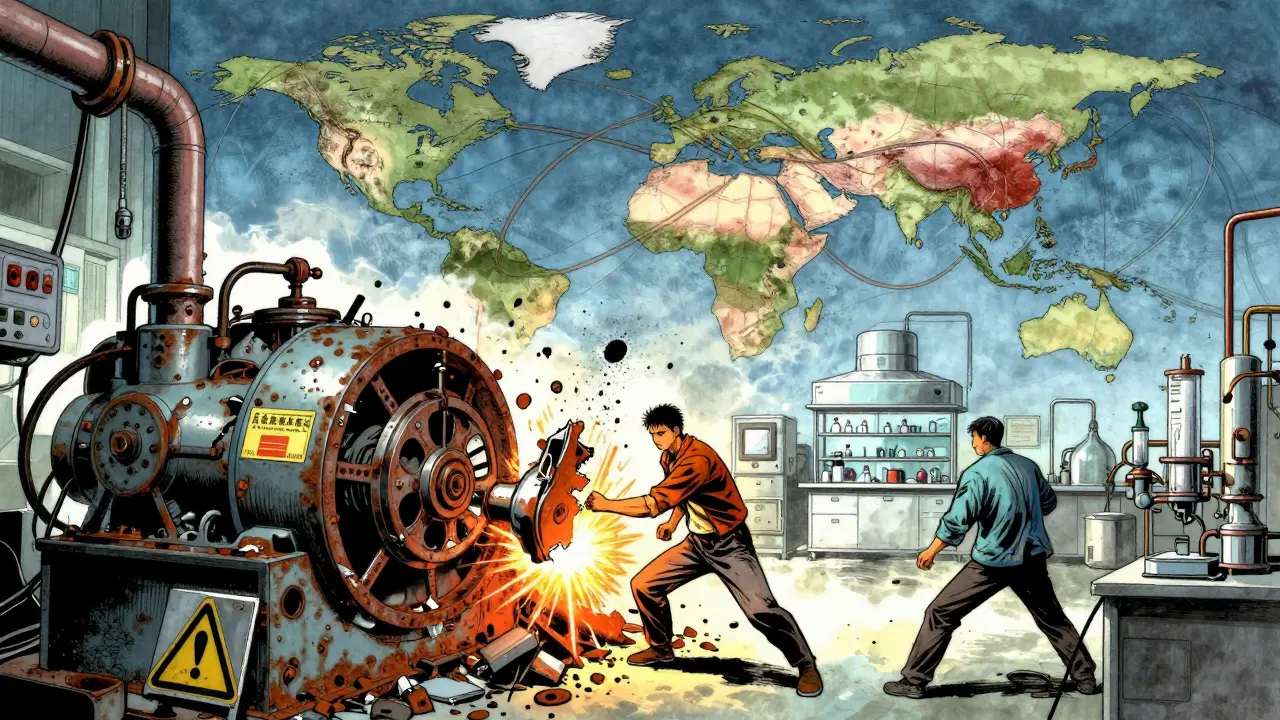 Manhua style: Broken machinery and tangled global supply chains in factory