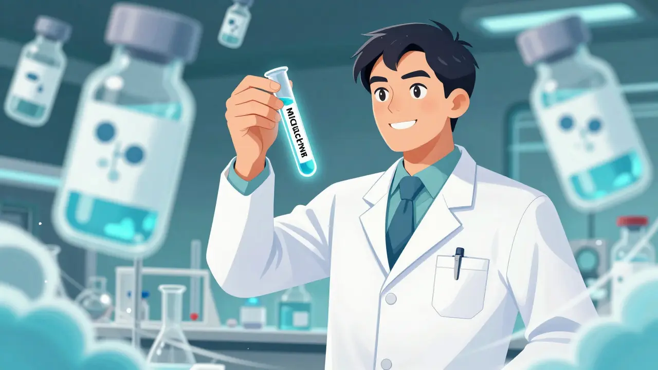 Manhua style scientist holding glowing vaccine test tube