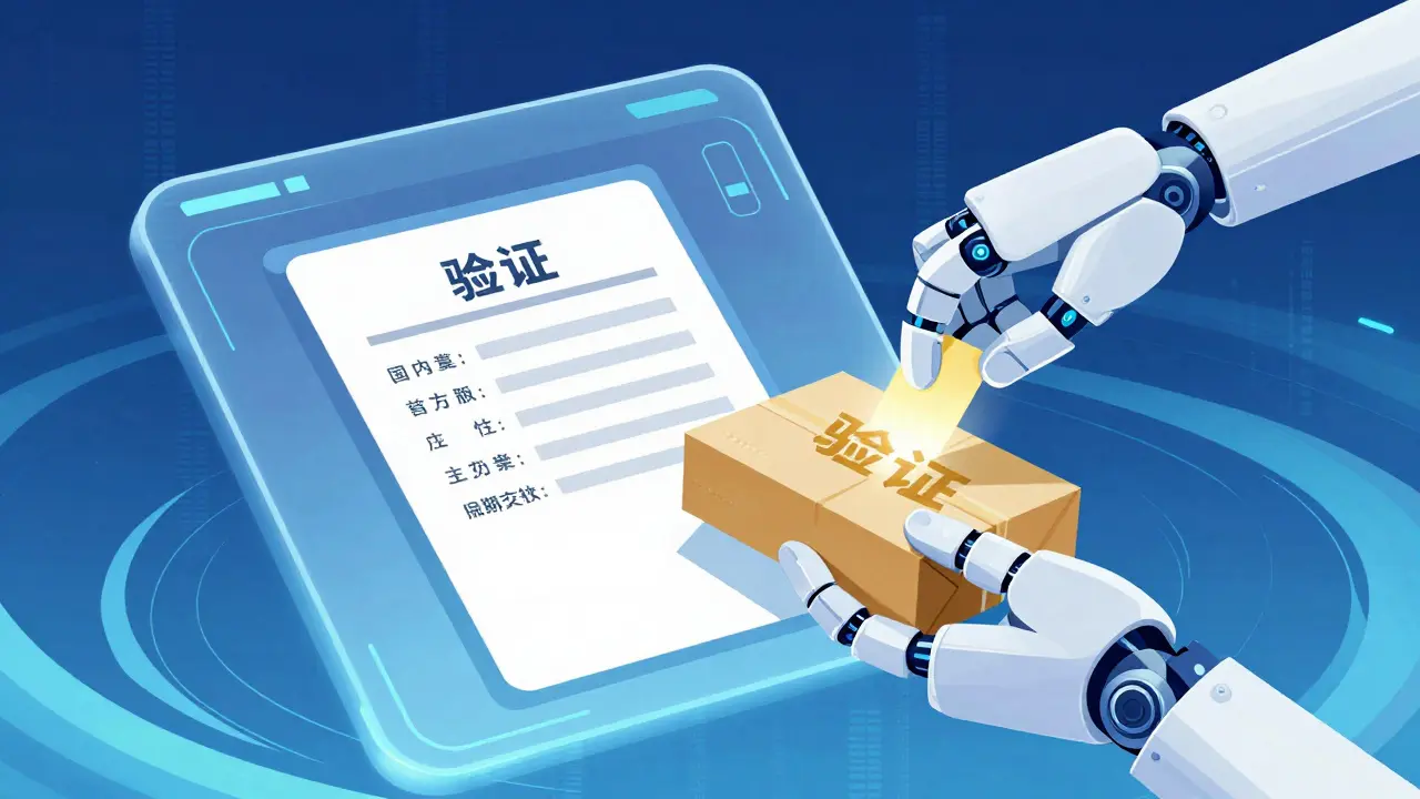 Digital illustration of a prescription being securely verified and packaged for delivery.