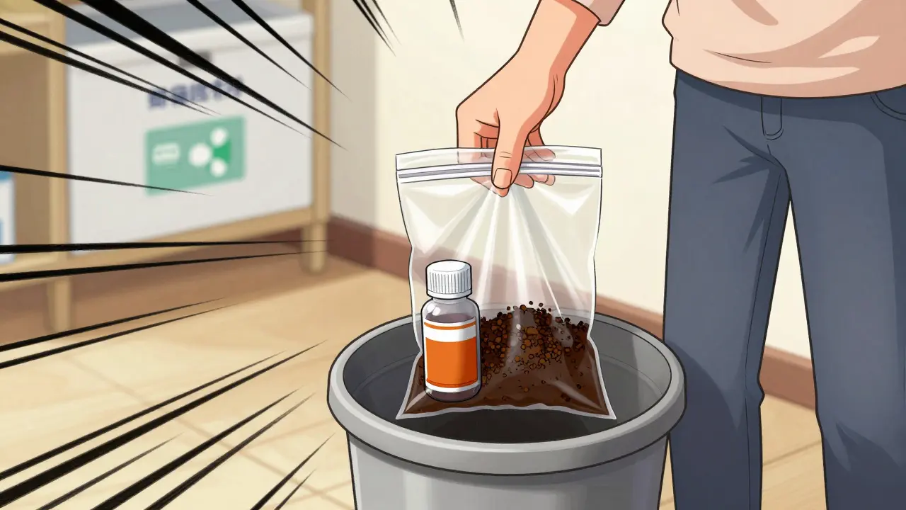 Hand disposing of mixed antibiotic waste in trash bag