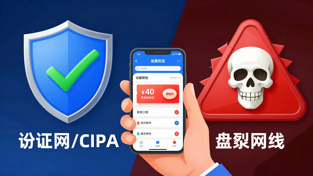 Illustration comparing safe verified online pharmacies against dangerous scam sites.