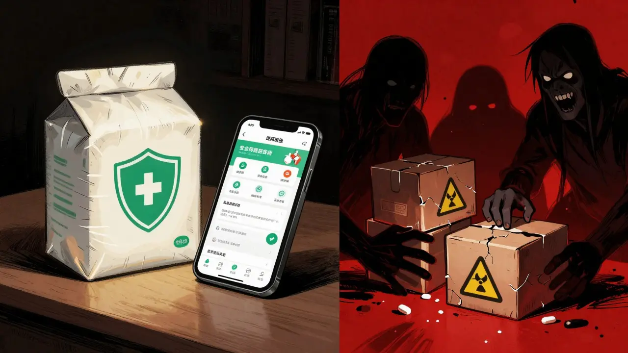 Manhua art contrasting safe verified pharmacies with shady sellers of fake drugs.