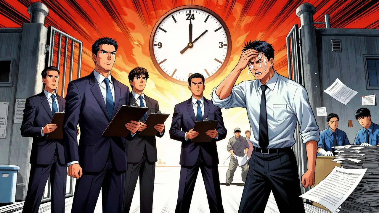 Manhua art showing FDA inspectors arriving unexpectedly at a foreign pharmaceutical plant.