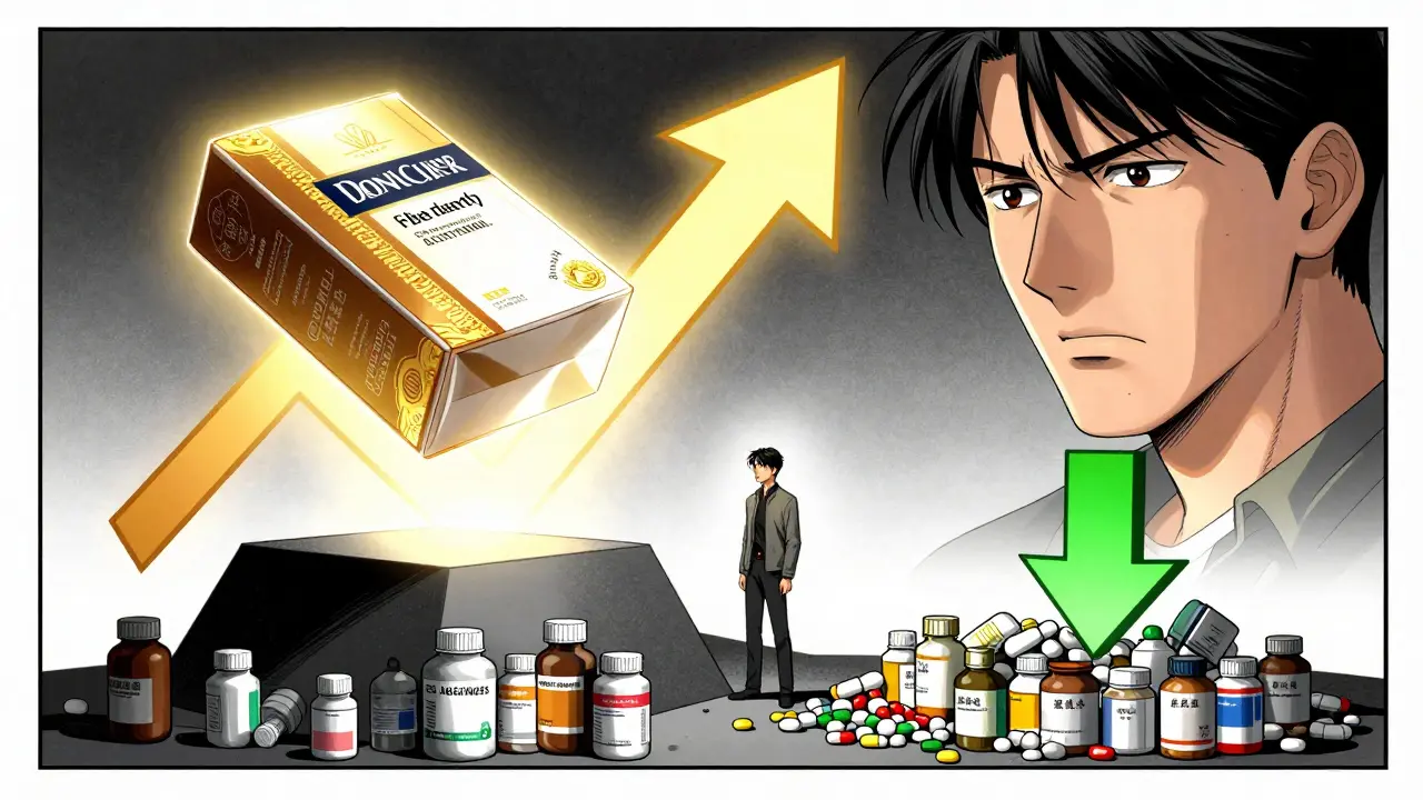 Manhua art showing high brand-name drug costs vs low generic prices