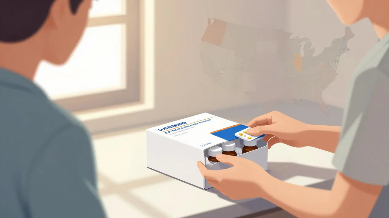 Manhua illustration of a person safely opening a legitimate medication delivery package.