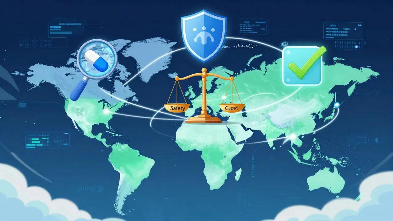 Manhua illustration of global drug supply chains with safety and compliance icons.
