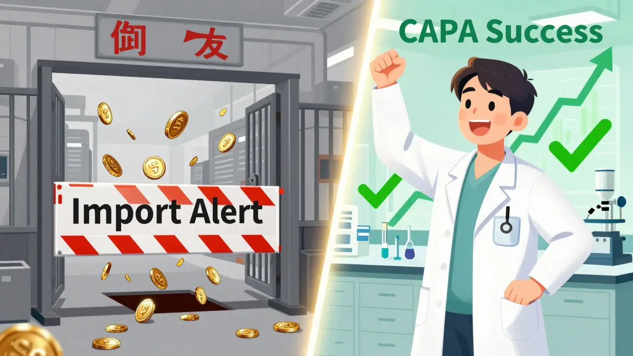 Manhua style: Contrast between blocked factory gate and successful lab results