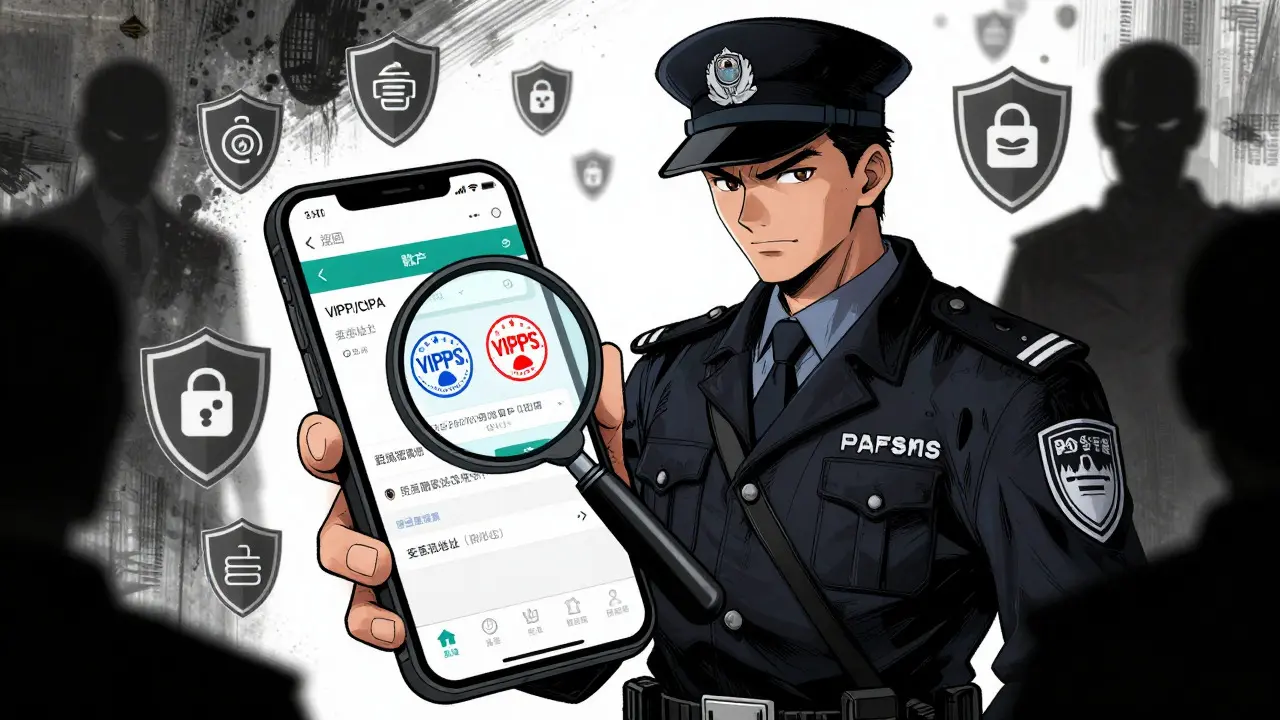 Manhua style detective checking online pharmacy safety seals
