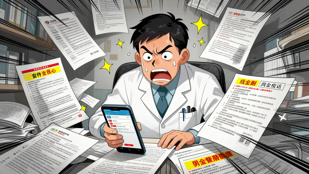 Manhua style: Doctor overwhelmed by pile of drug safety alerts and fatigue