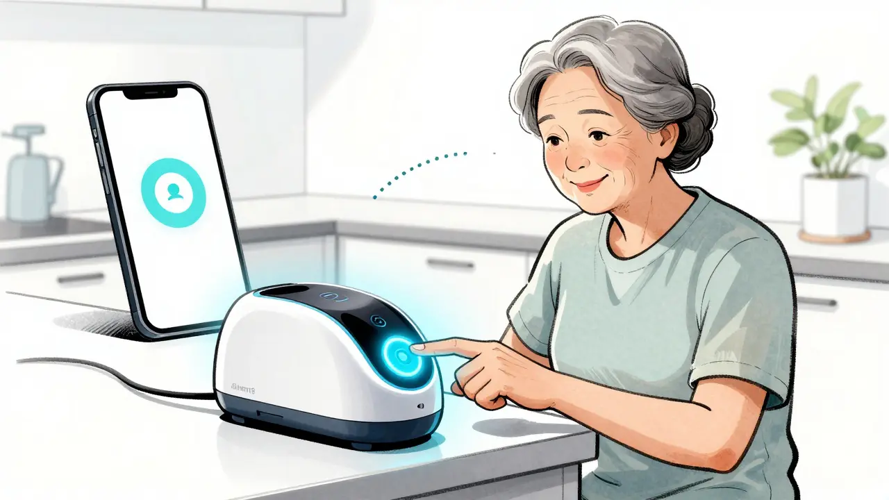 Manhua style: Elderly woman using smart pill dispenser calmly