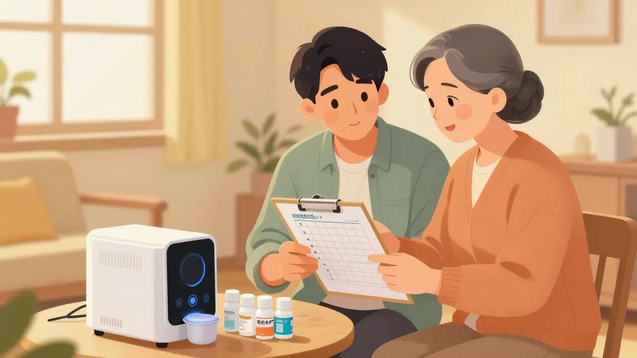 Manhua style: Family reviewing meds together with smart device
