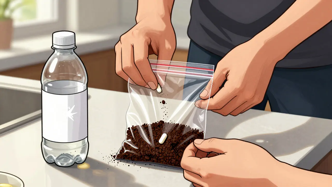 Manhua style: Hands mixing pills with coffee grounds for safe home trash disposal.