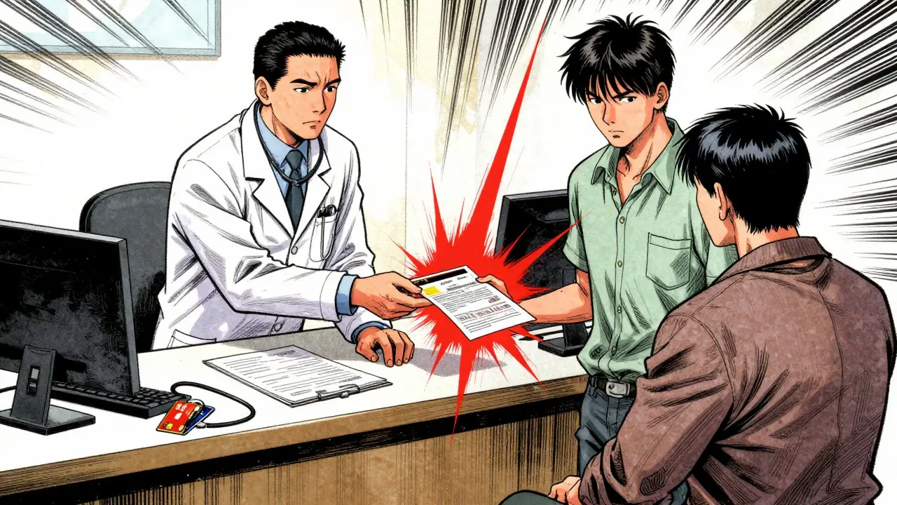 Manhua style: Patient refusing forced credit card application at hospital desk under new NY rules.