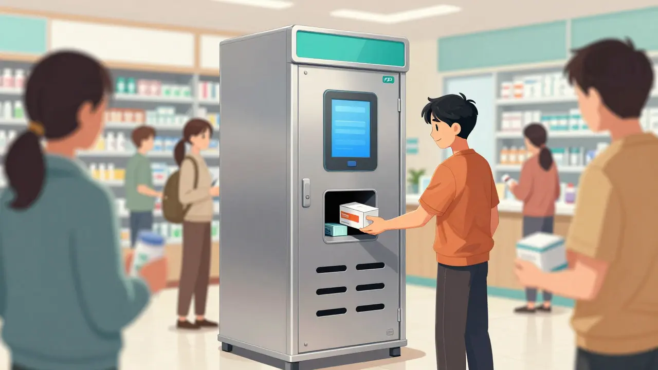 Manhua style: People anonymously dropping off unused medications at a pharmacy kiosk.