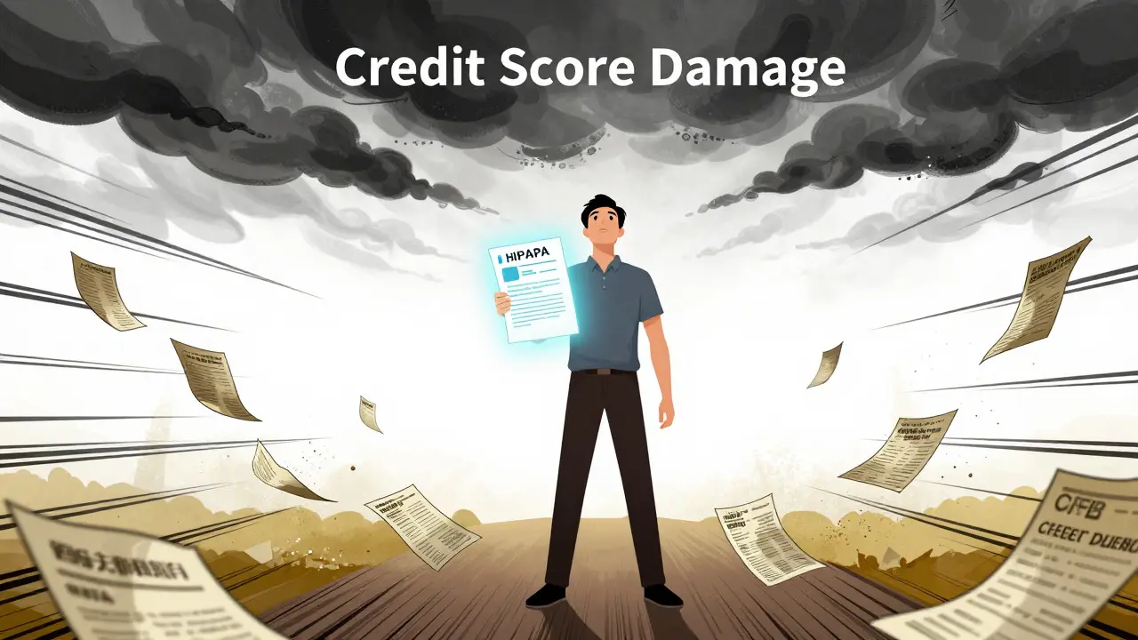 Manhua style: Person relieved as medical debt clouds vanish from their credit report.