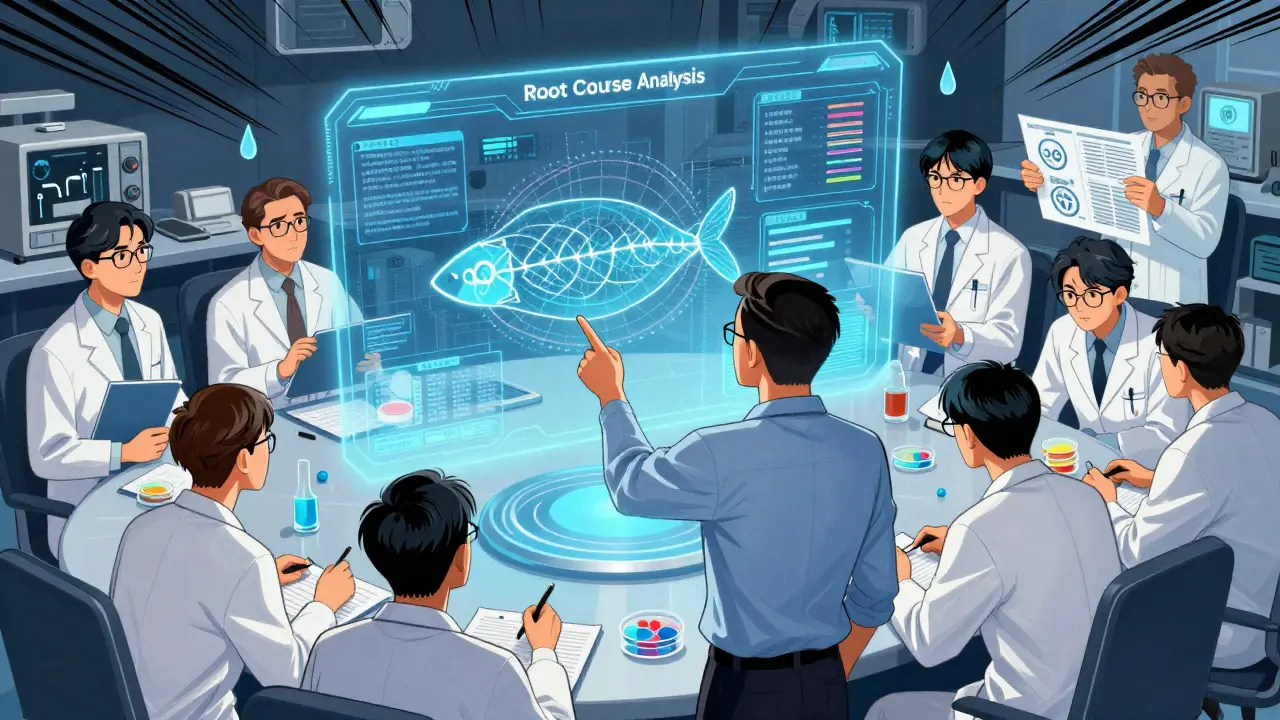 Manhua style: Team analyzing root cause diagrams in a high-tech war room