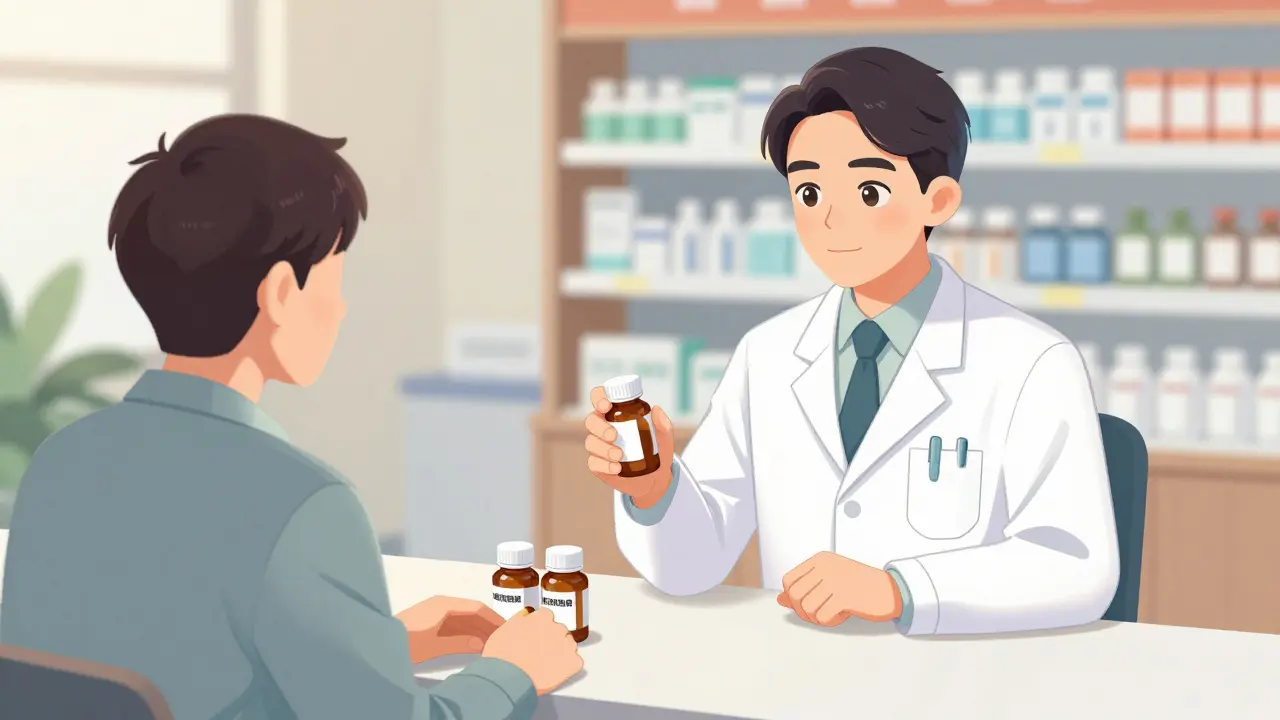 Pharmacist reviewing medications with a patient at counter