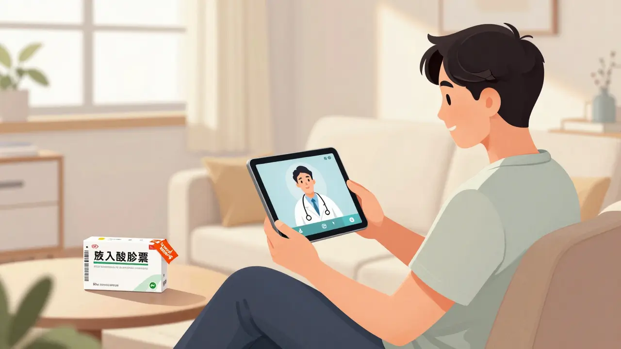 Relaxed patient using telemedicine and saving money on generic heart medication.