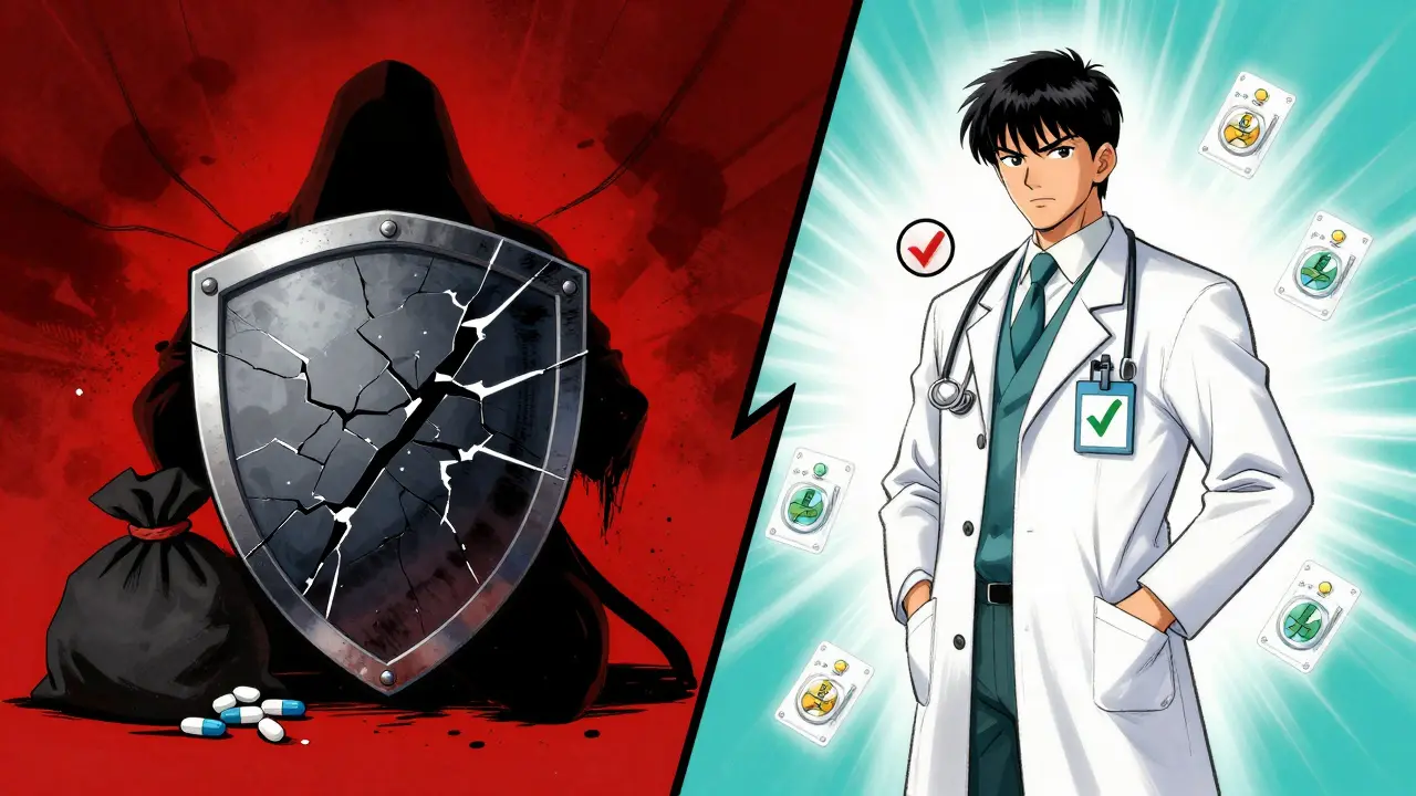 Split illustration comparing a shady illegal drug seller to a certified, safe pharmacist.