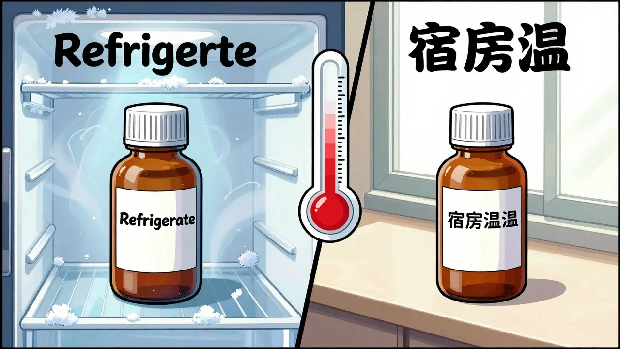 Split view of antibiotic bottle in fridge vs room temp
