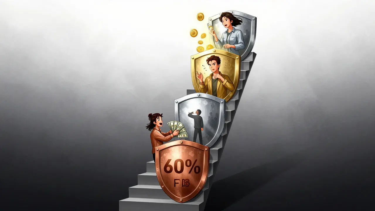 Cartoon depiction of four insurance plan tiers as shields, showing different cost structures