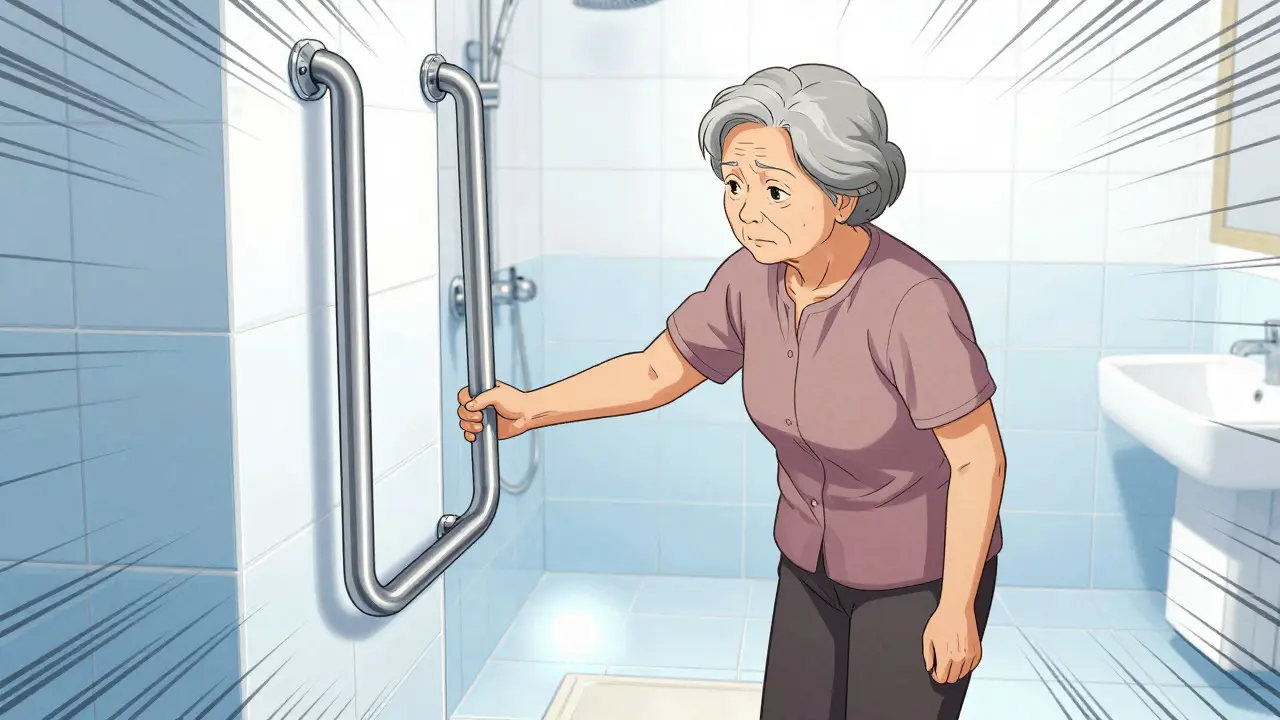 Cartoon style image of an elderly woman using a bathroom grab bar for safety