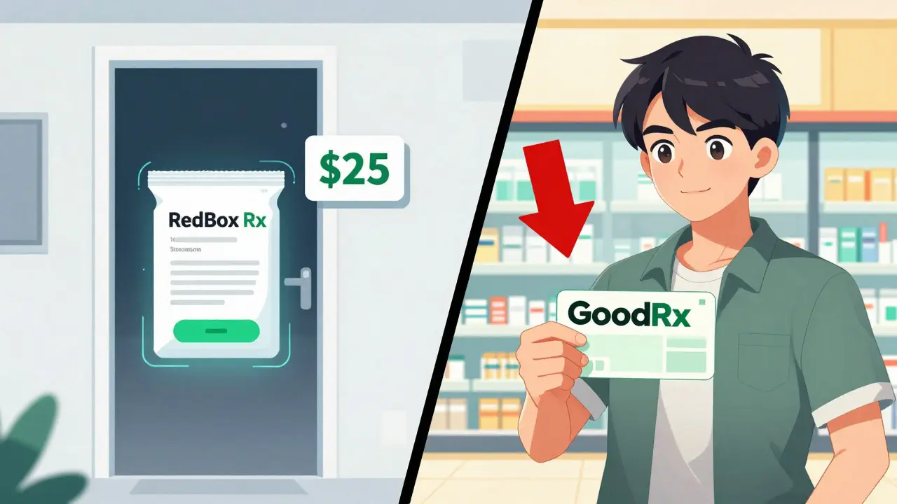 Chinese manhua art showing a comparison between home delivery and local pharmacy pickup for affordable meds.