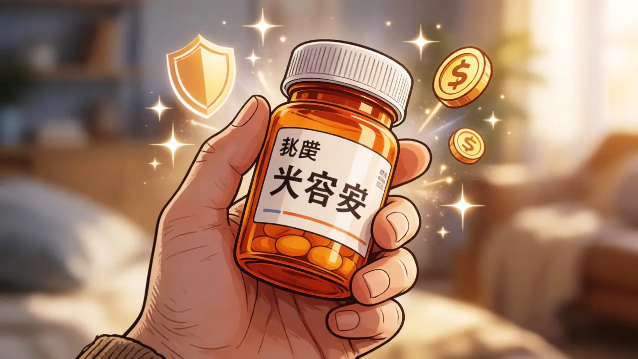 Close-up of pill bottle with safety and savings effects in manhua style