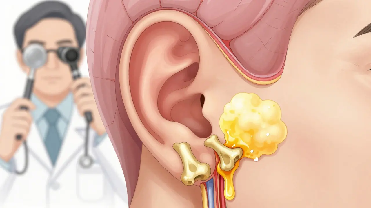 Cross-section of middle ear showing fluid blocking ossicles in manhua style