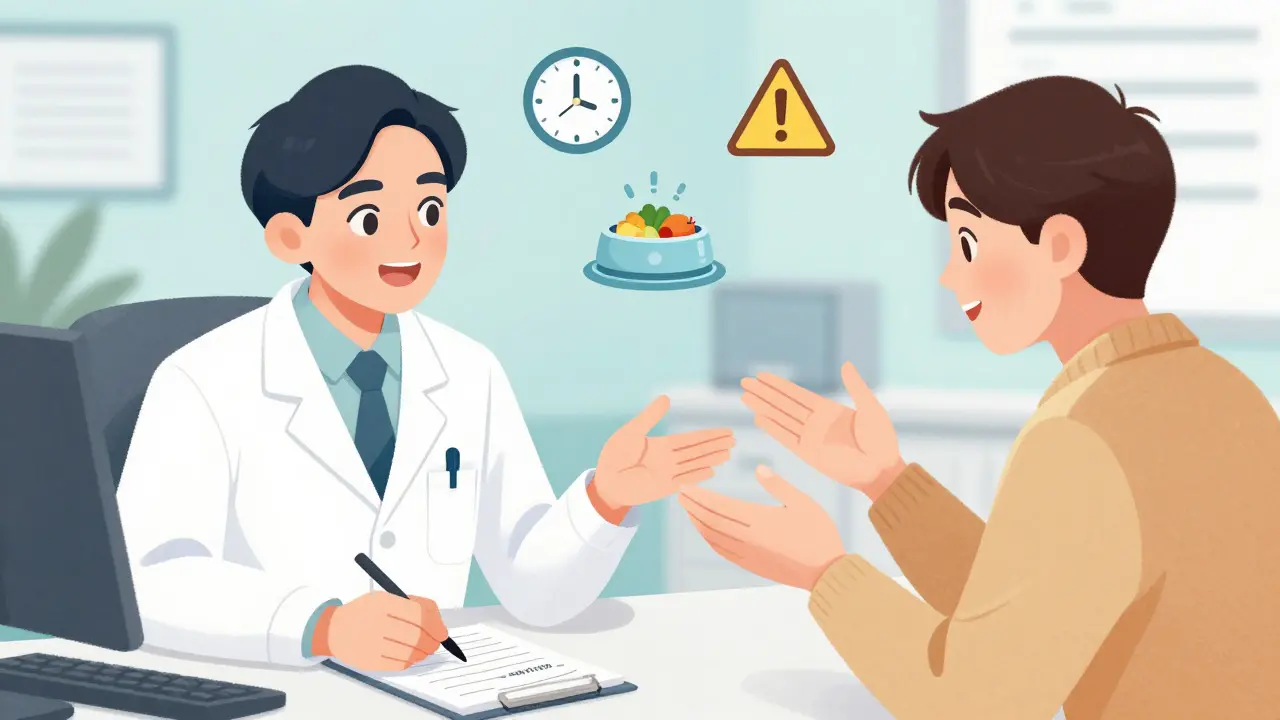 Doctor and patient discussing medication details with notes and symbolic icons.