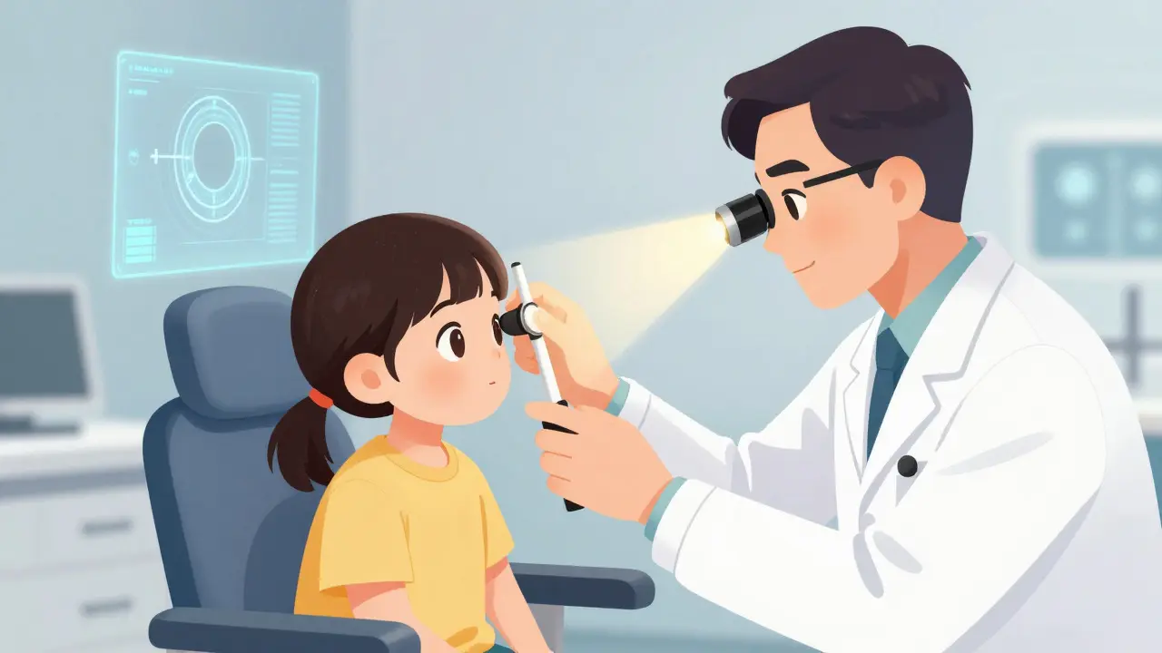 Doctor examining a child's eyes in a bright clinic setting