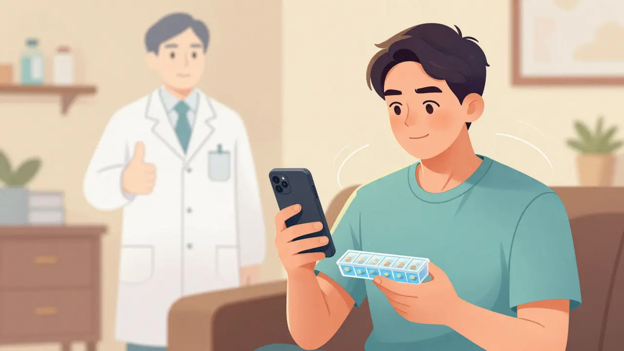 Empowered patient using a pill organizer and phone at home with a supportive pharmacist figure.