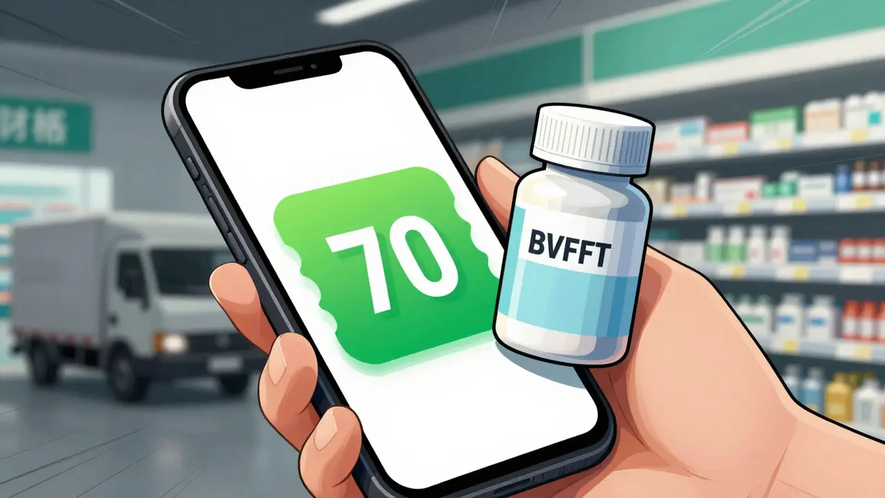 Hand holding phone with discount coupon near pill bottle