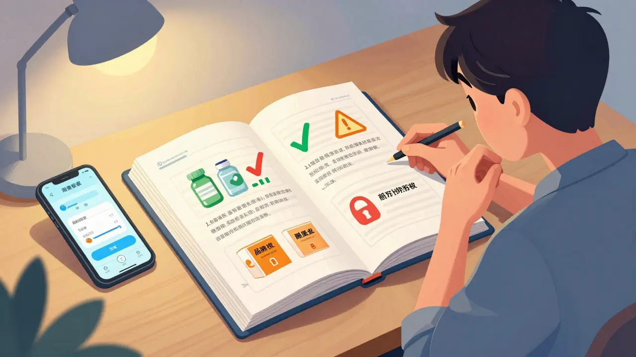 Illustration of a person reviewing a formulary book with visual icons for drug coverage levels
