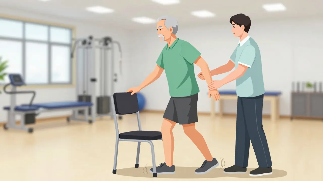 Illustration of an older man practicing balance exercises with a physical therapist