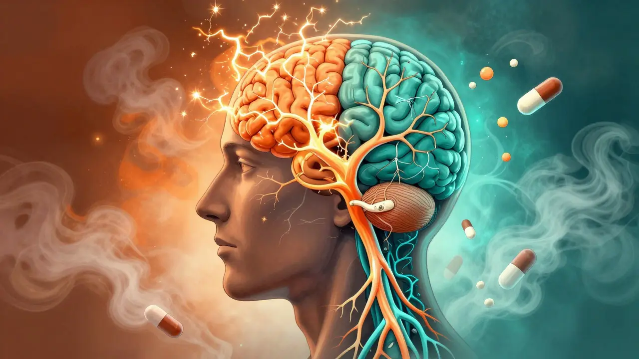 Illustration of chaotic neuron activity inside a head during withdrawal
